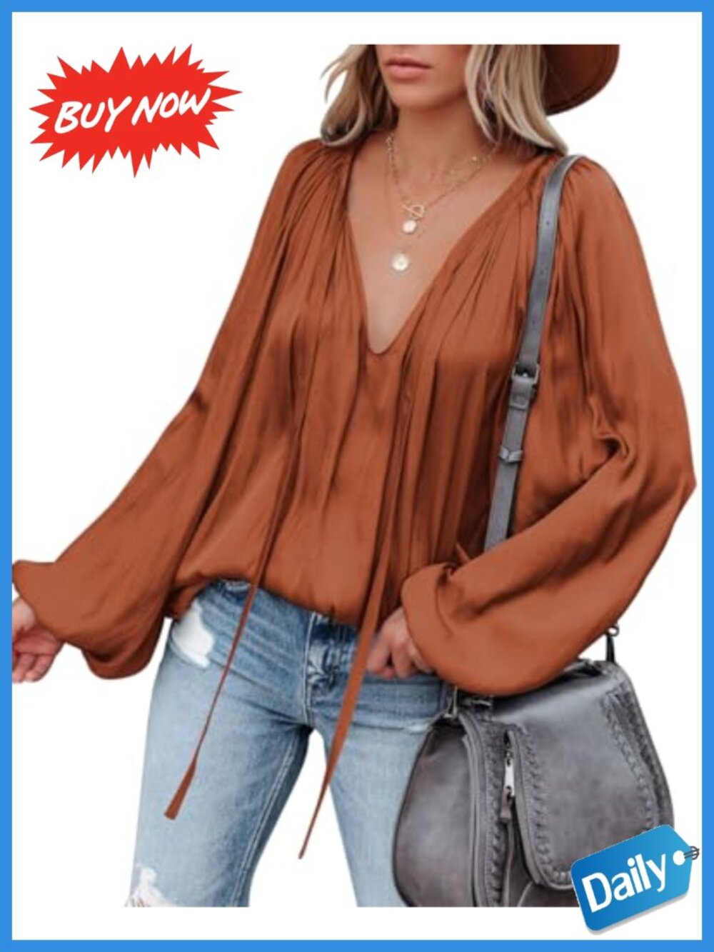 Womens Satin Deep V Neck Bell Sleeve Blouse Loose Flowy Tunic Top